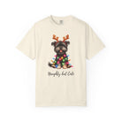 Cream-colored Comfort Colors unisex t-shirt featuring a Yorkie wearing reindeer antlers and lights.