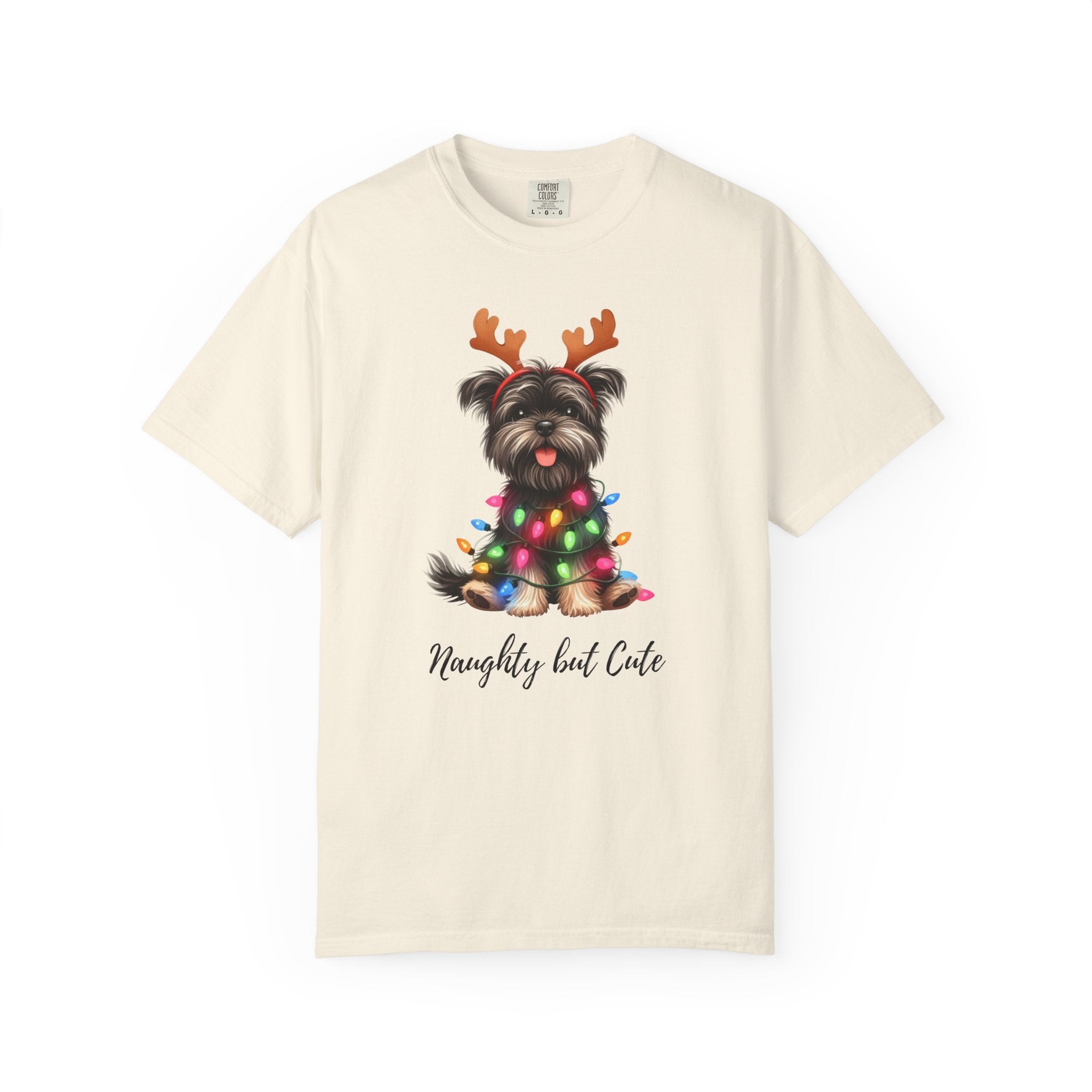 Cream-colored Comfort Colors unisex t-shirt featuring a Yorkie wearing reindeer antlers and lights.