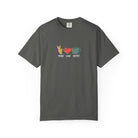 A charcoal grey heavyweight cotton t-shirt featuring a retro peace, love, and coffee graphic.