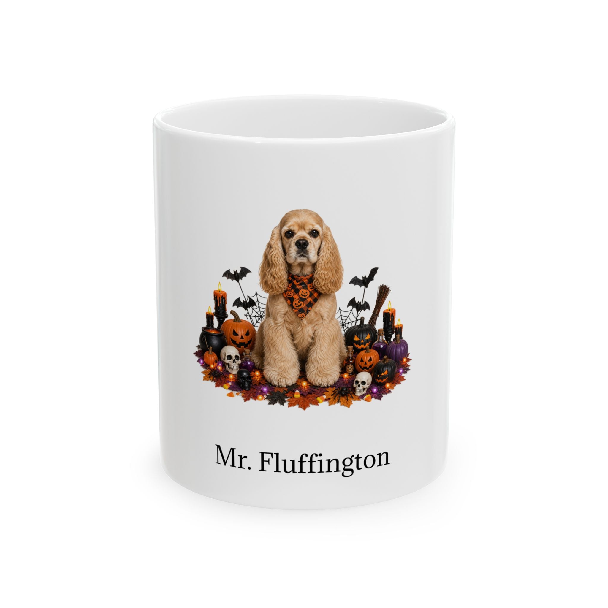 Personalized American Cocker Spaniel dog Halloween mug, 15oz white ceramic, with custom pet name on front