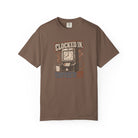 Brown Comfort Colors t-shirt with a vintage graphic of a time clock and coffee mug.