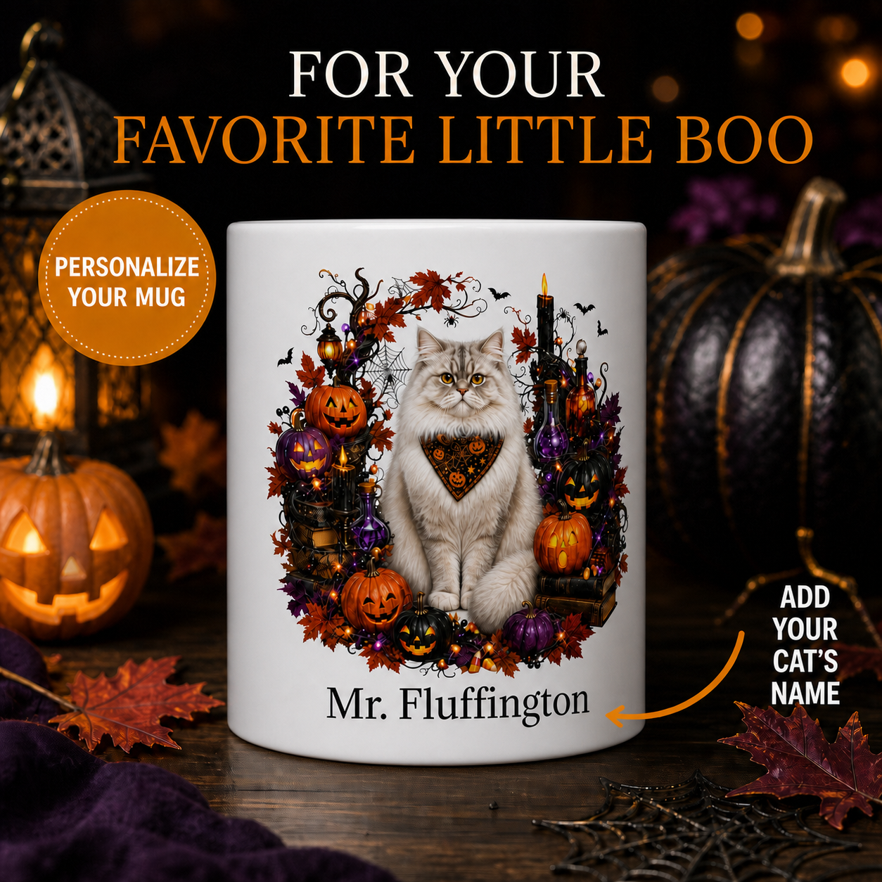 Personalized Ragamuffin Cat Halloween Mug – Custom Pet Name Gift – front view with no handle