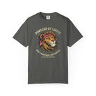 Dark gray t-shirt featuring a graphic of a lion wearing a bandana with coffee-themed text.