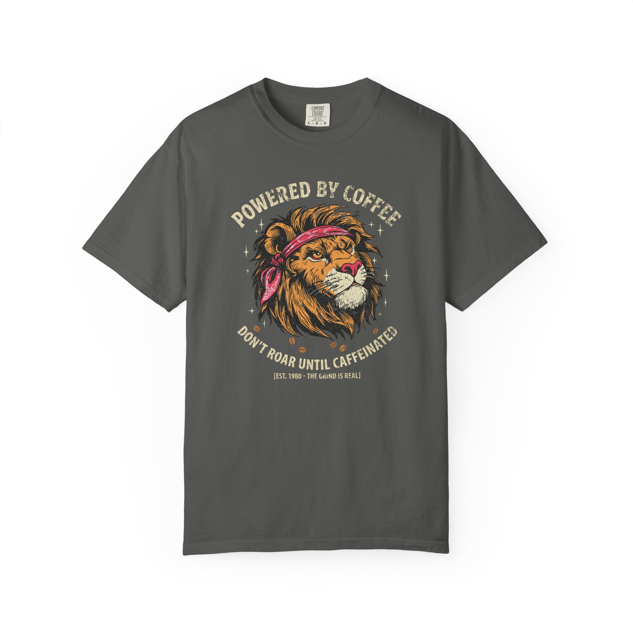 Dark gray t-shirt featuring a graphic of a lion wearing a bandana with coffee-themed text.