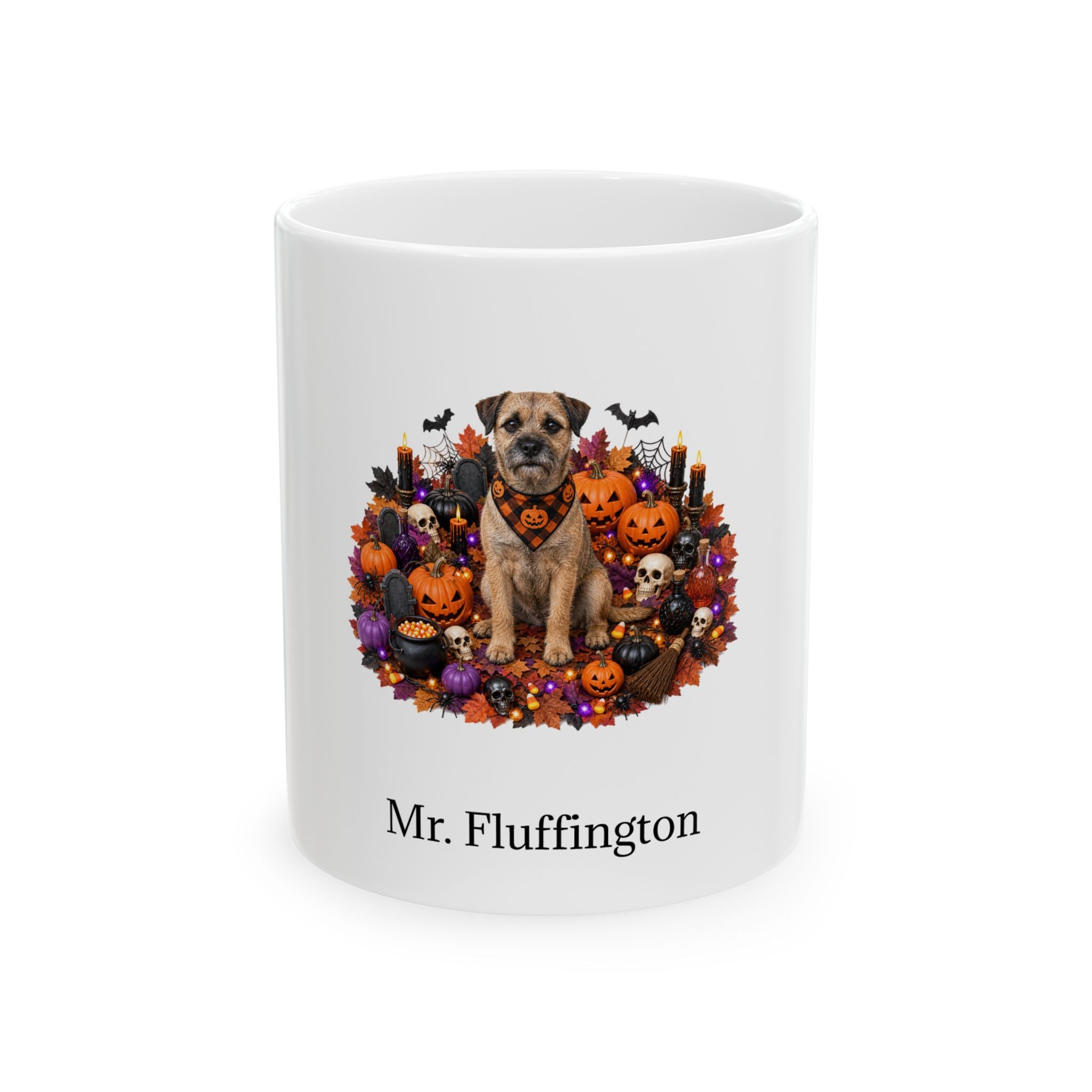 Personalized Border Terrier dog Halloween mug, 15oz white ceramic, with custom pet name on front