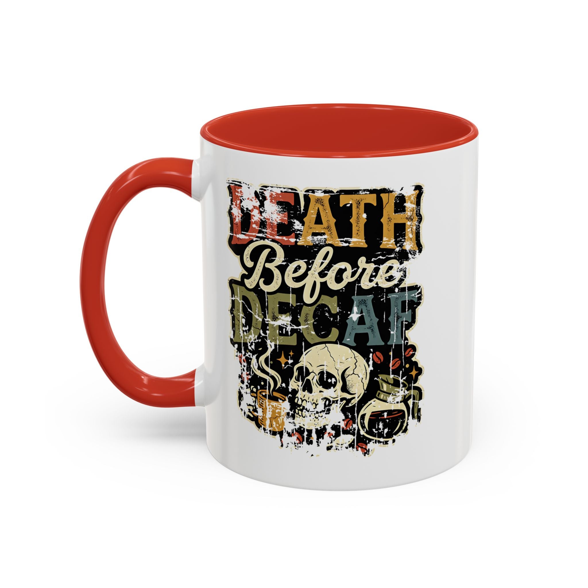 White ceramic coffee mug with a red handle and a retro skull graphic reading Death Before Decaf.