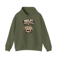 An olive green hooded sweatshirt featuring a cartoon coffee mug with a panicked expression.