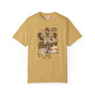 Mustard yellow unisex cotton t-shirt featuring a distressed graphic of a rooster drinking coffee.