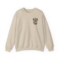A beige crewneck sweatshirt featuring a small graphic of a stressed coffee cup on the chest.