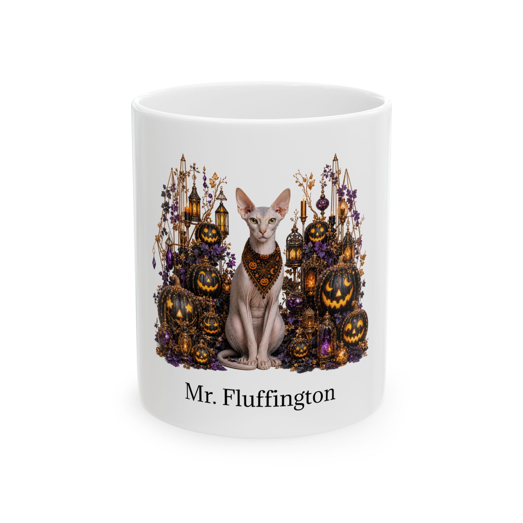 Personalized Peterbald cat ceramic coffee mug with Halloween artwork and custom name — image 2