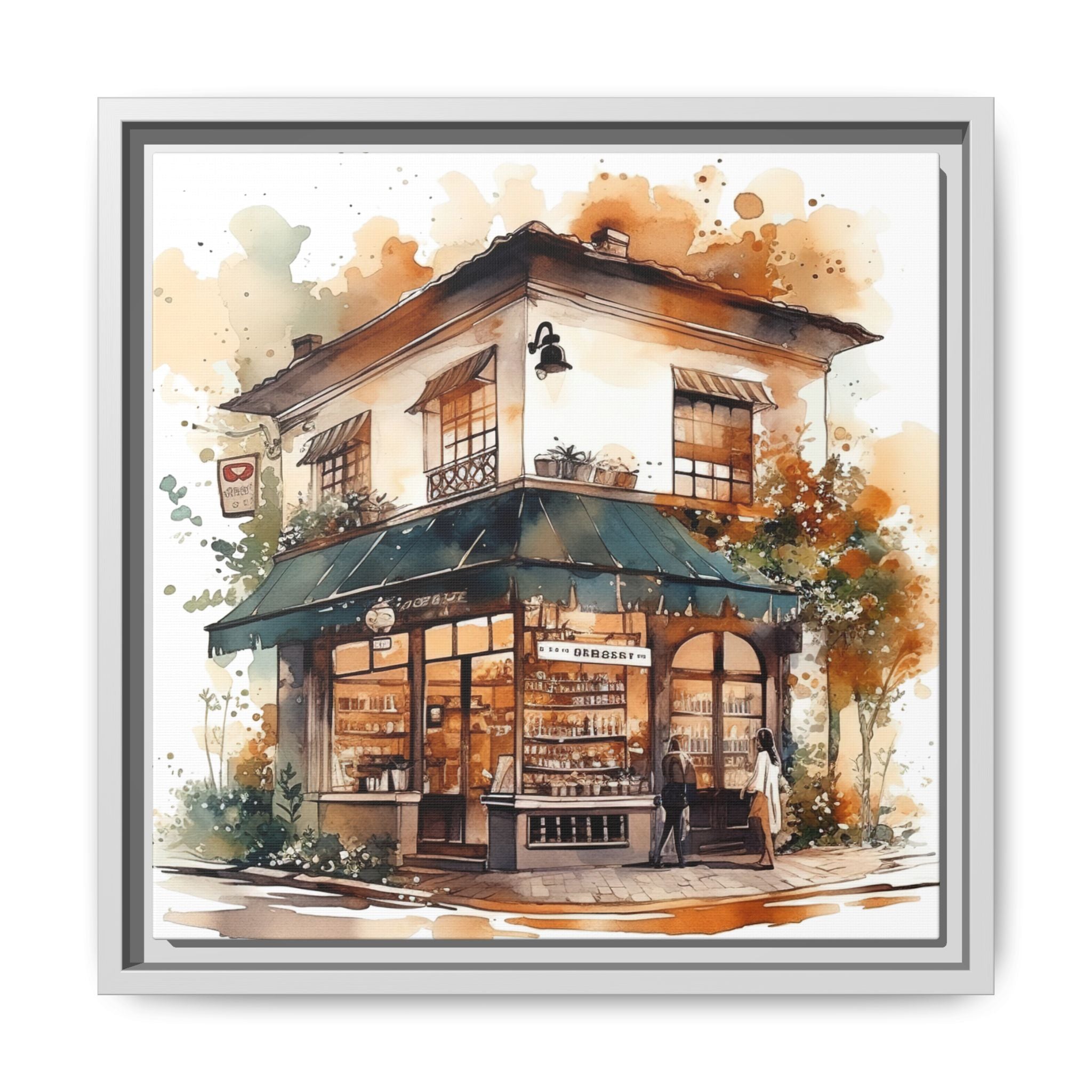 Vintage Corner Café Watercolor Framed Canvas Print - 14x14 Wall Art