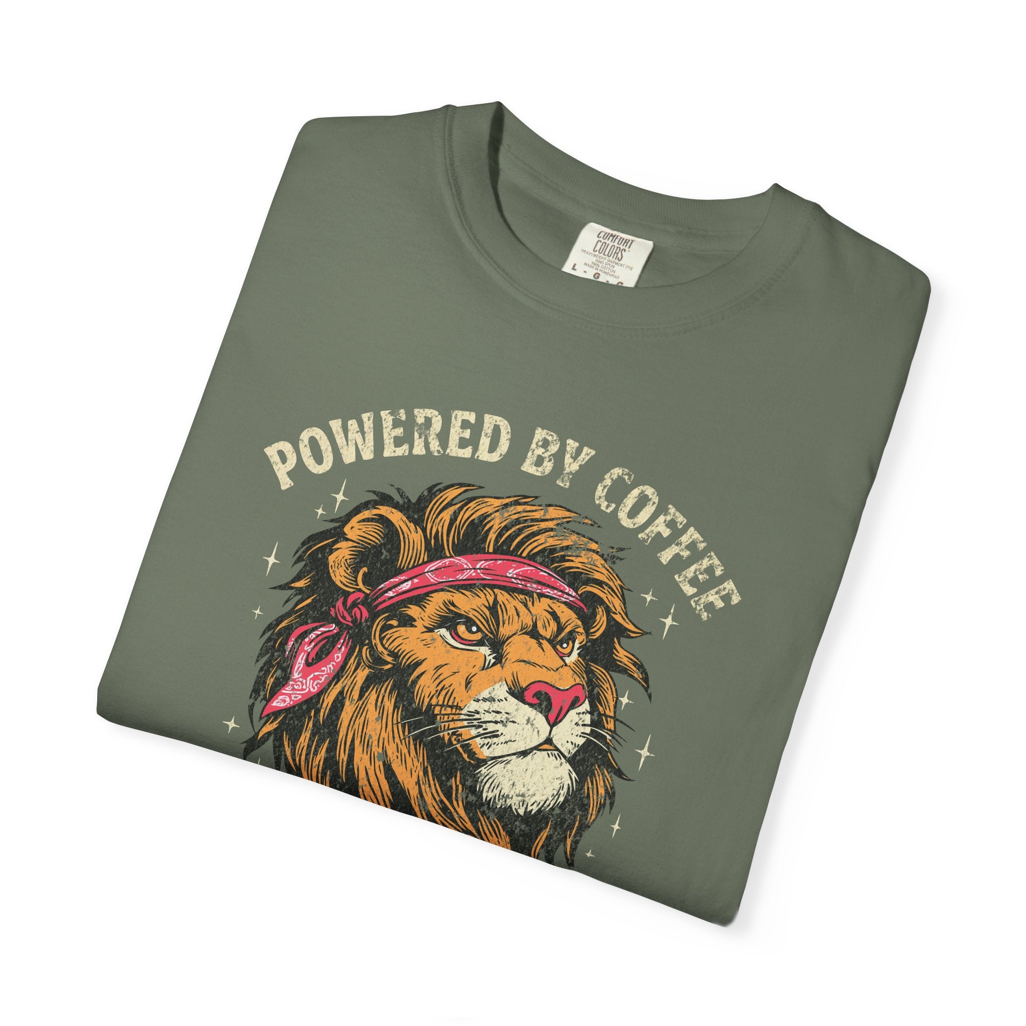 Olive green t-shirt featuring a distressed graphic of a lion wearing a red bandana.