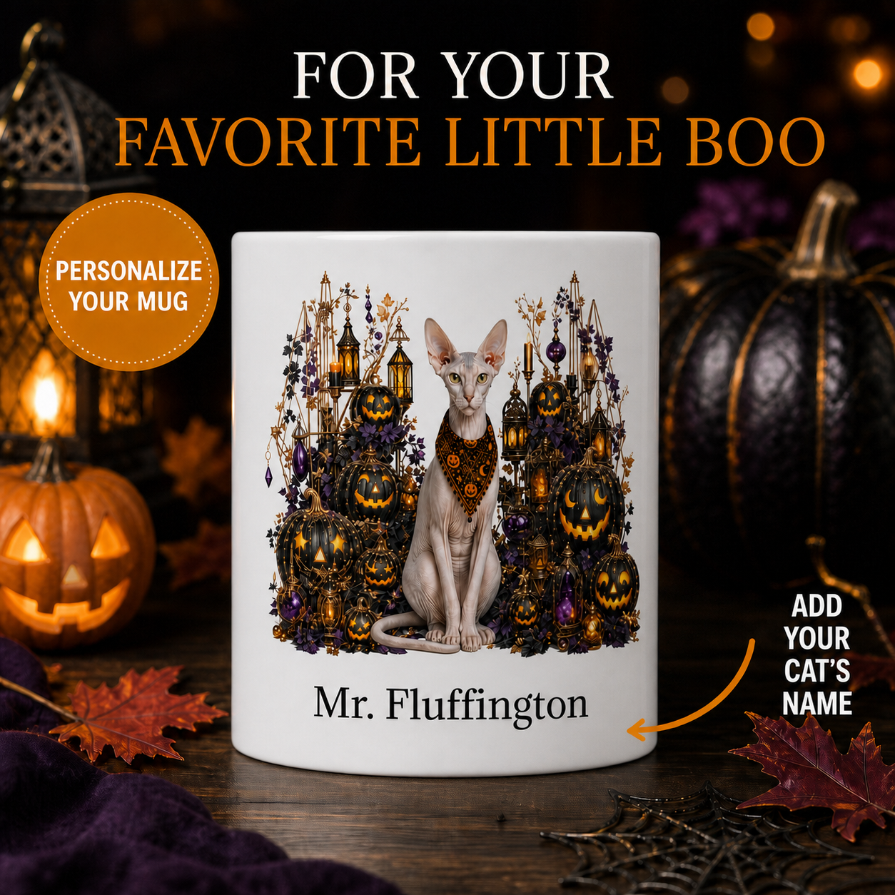 Personalized Peterbald Cat Halloween Mug – Custom Pet Name Gift – front view with no handle
