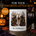 Personalized Peterbald Cat Halloween Mug – Custom Pet Name Gift – front view with no handle