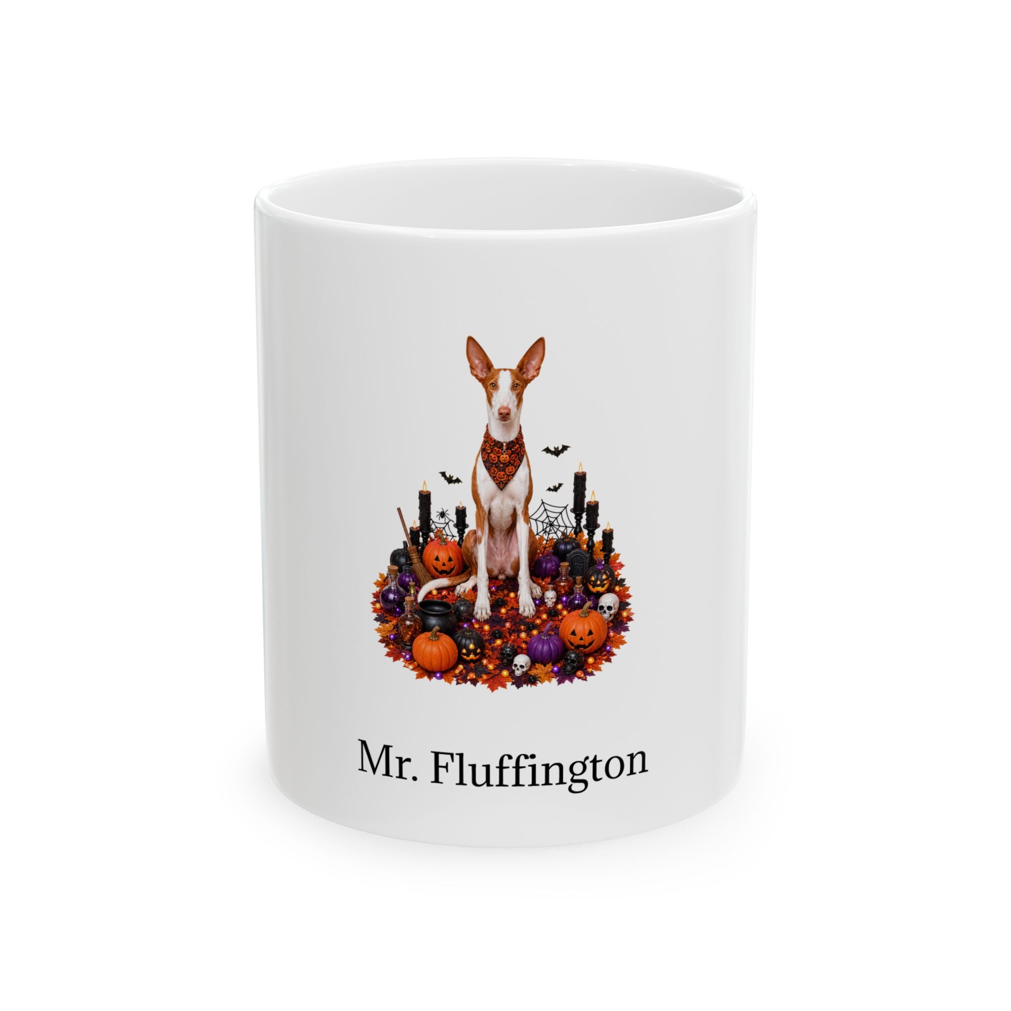 Personalized Ibizan Hound dog Halloween mug, 11oz white ceramic, with custom pet name on front