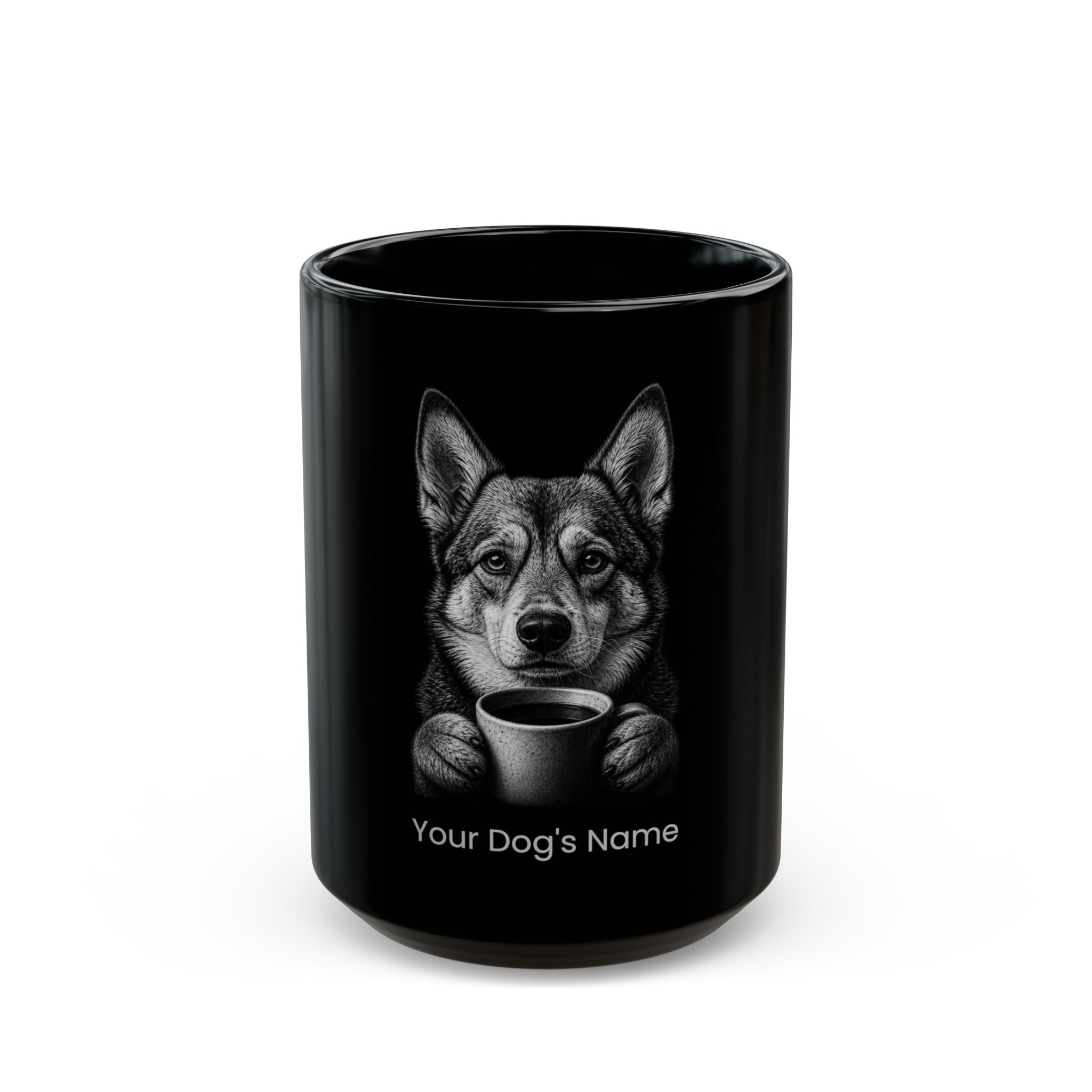 Personalized Swedish Vallhund black ceramic coffee mug with custom dog name
