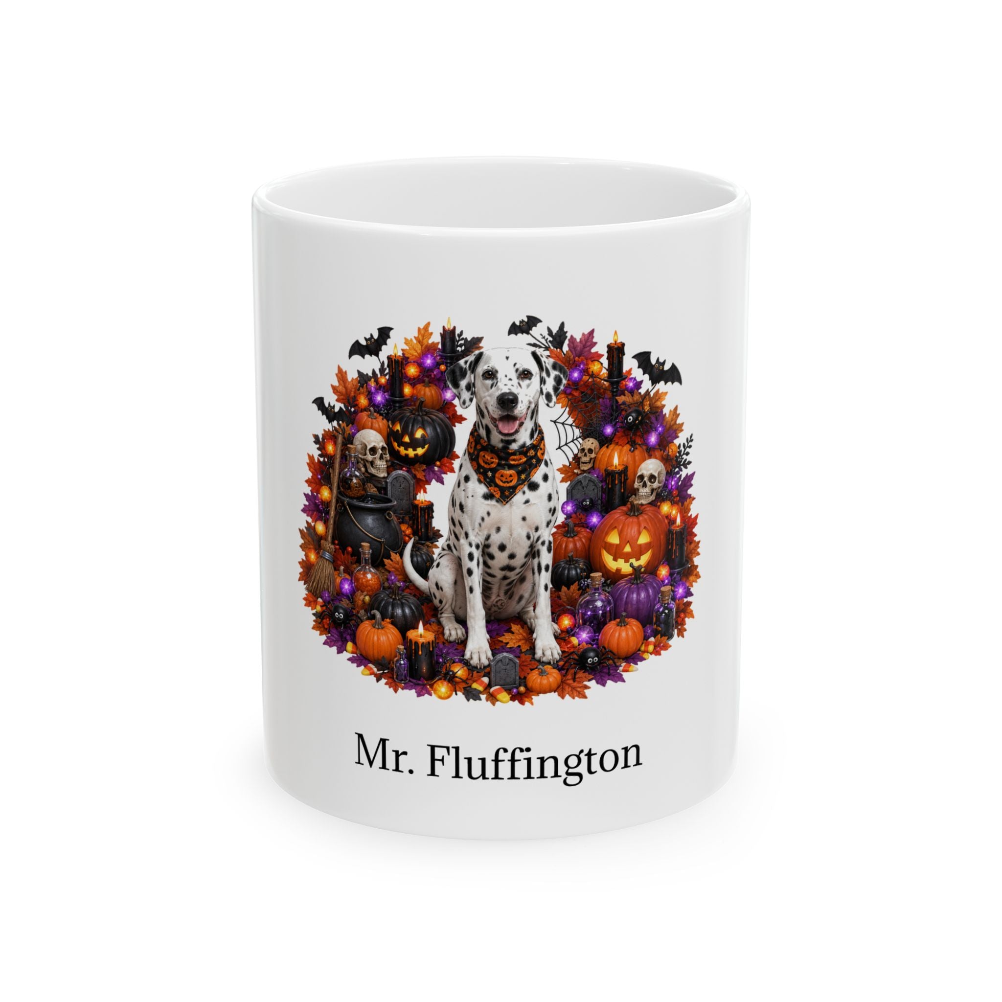 Personalized Dalmatian dog ceramic coffee mug with Halloween artwork and custom name — image 2