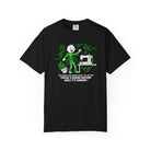 Black t-shirt with a cartoon of a person tangled in thread while sewing and drinking coffee.