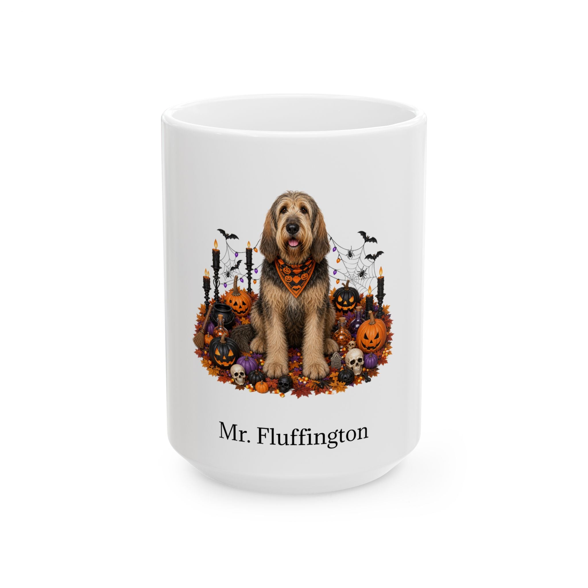 Personalized Otterhound dog Halloween mug, 15oz white ceramic, with custom pet name on front