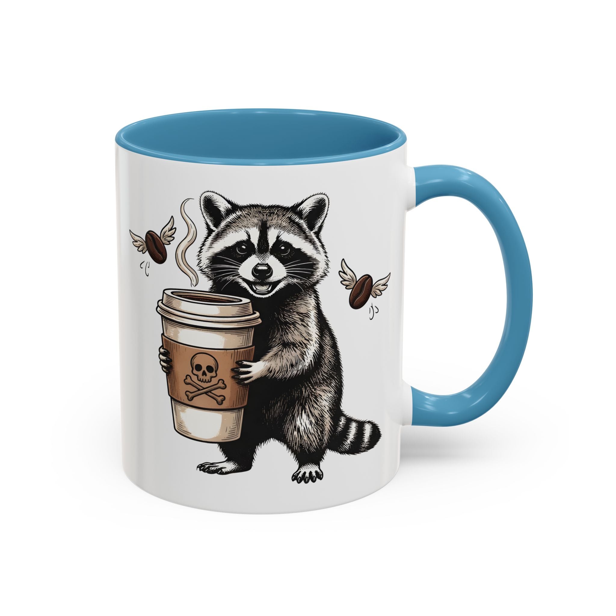 White ceramic mug with a blue handle and interior, featuring a raccoon holding a coffee cup.