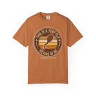Rust-colored t-shirt with a vintage-style graphic of a coffee bean shaped like a sperm cell.