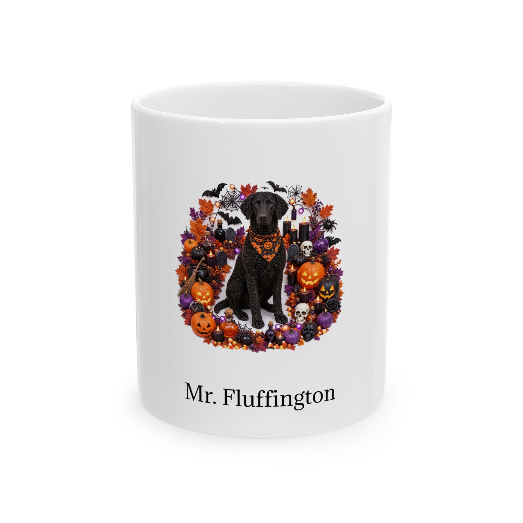Personalized Curly-Coated Retriever dog Halloween mug, 15oz white ceramic, with custom pet name on front