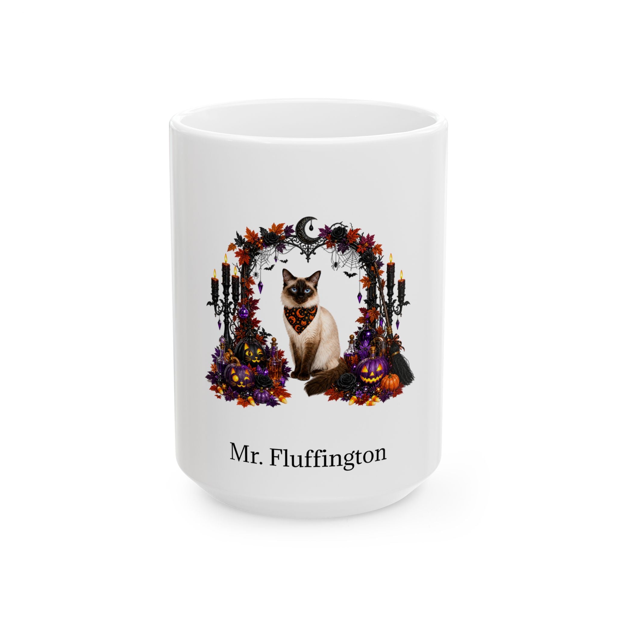 Personalized Balinese cat Halloween mug, 15oz white ceramic, with custom pet name on front