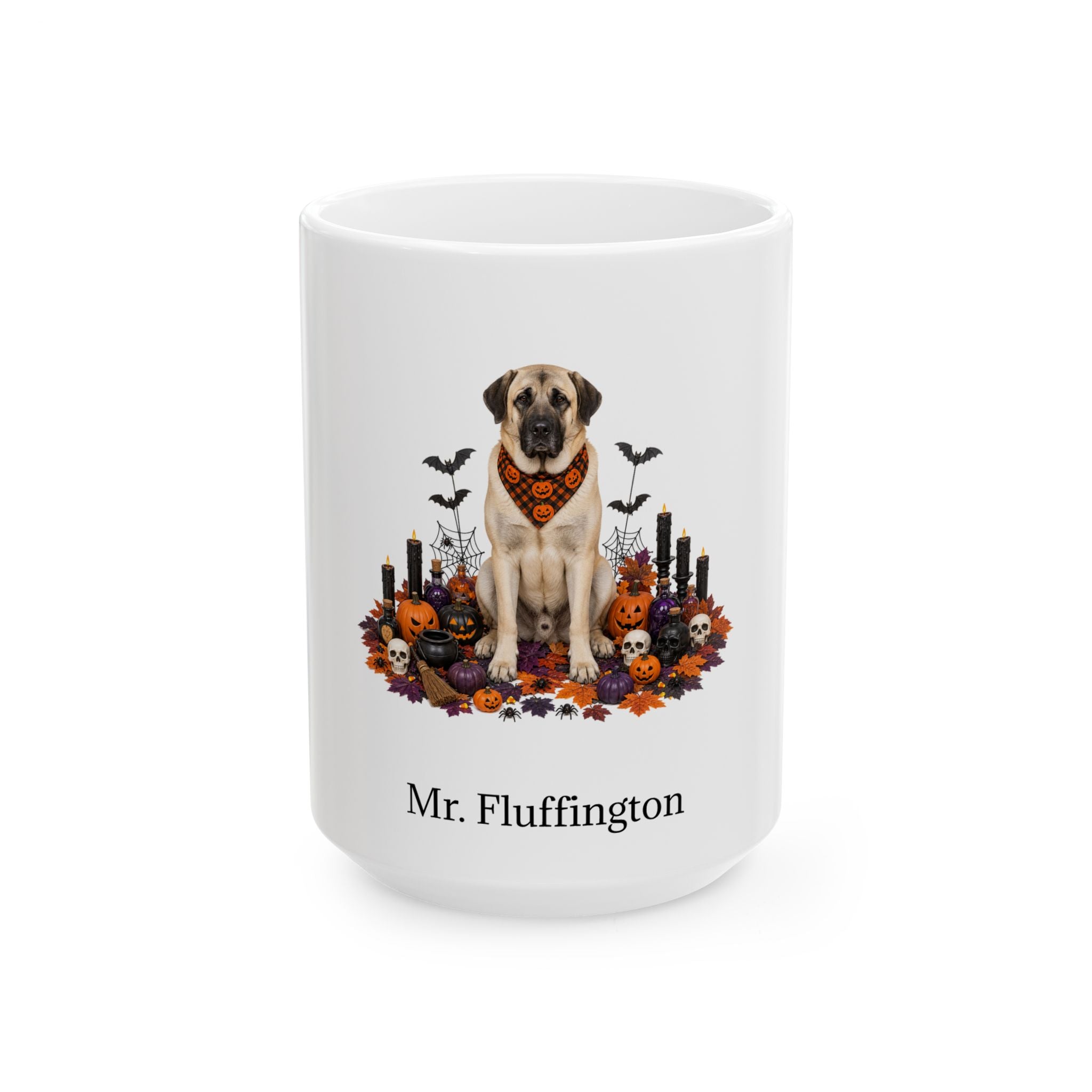 Personalized Anatolian Shepherd dog Halloween mug, 11oz white ceramic, with custom pet name on front