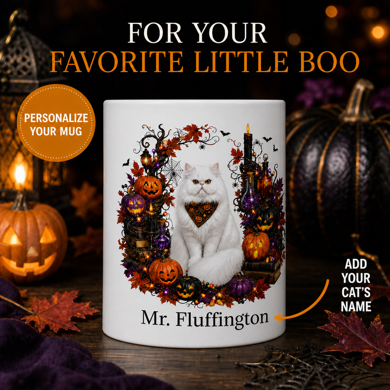 Personalized Persian Cat Halloween Mug – Custom Pet Name Gift – front view with no handle