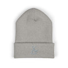 Embroidered coffee cup cuffed beanie in gray knit.