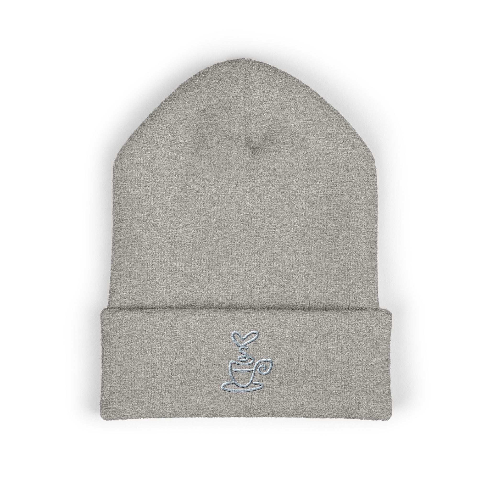 Embroidered coffee cup cuffed beanie in gray knit.