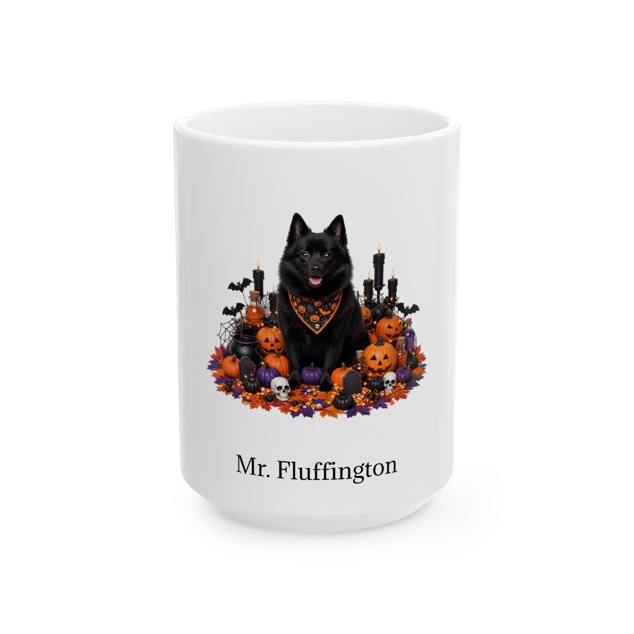 Personalized Schipperke dog Halloween mug, 15oz white ceramic, with custom pet name on front