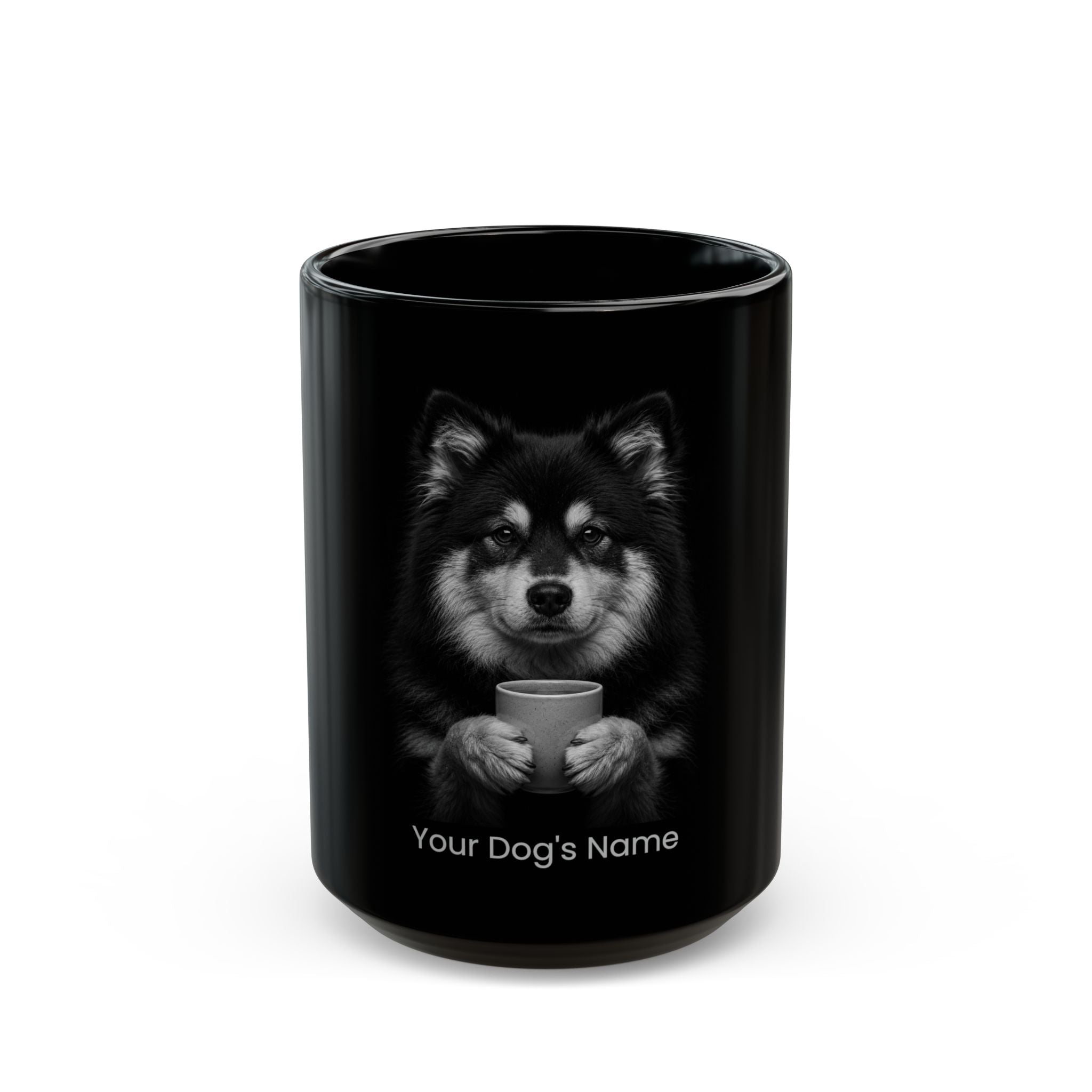 Personalized Finnish Lapphund black ceramic coffee mug with custom dog name