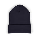 Embroidered coffee cup cuffed beanie in dark blue.
