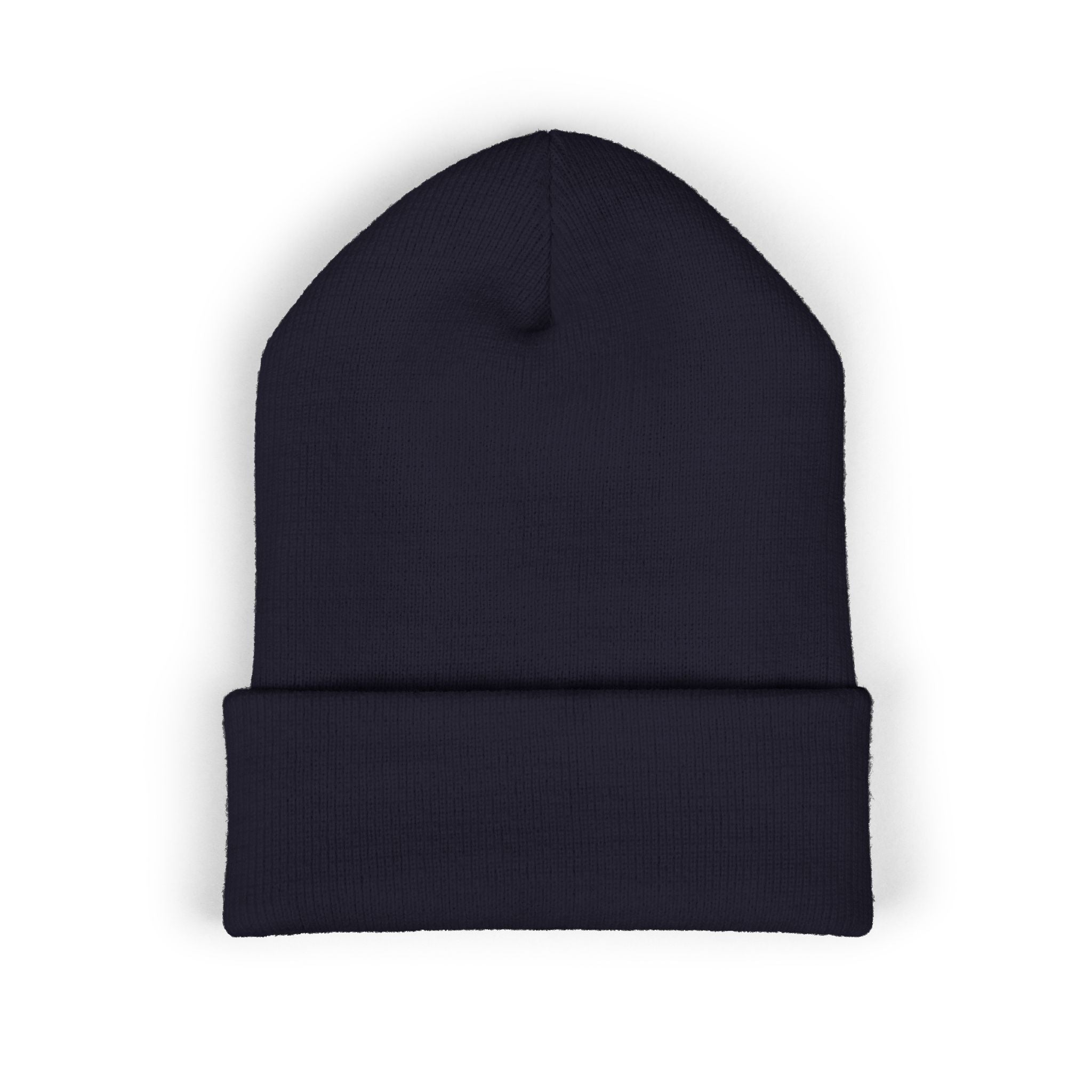 Embroidered coffee cup cuffed beanie in dark blue.