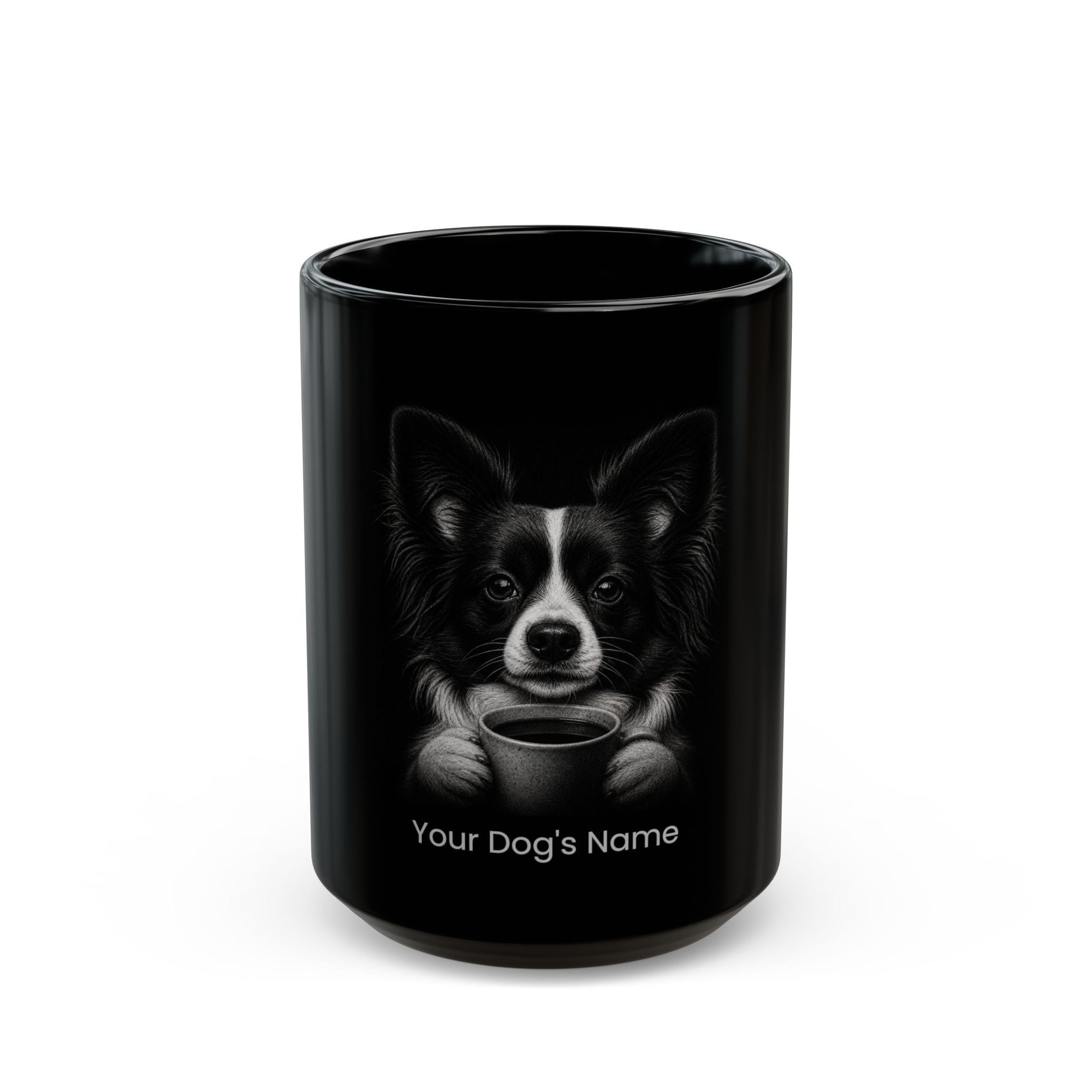 Personalized Papillon black ceramic coffee mug with custom dog name