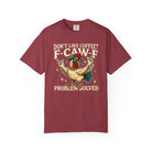 Maroon crewneck t-shirt featuring a graphic of a cool rooster wearing sunglasses and a cap.