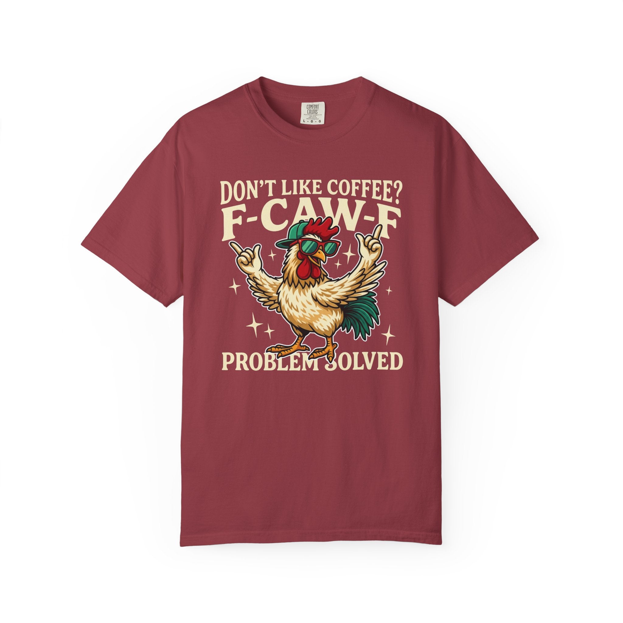 Maroon crewneck t-shirt featuring a graphic of a cool rooster wearing sunglasses and a cap.