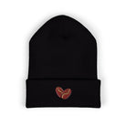 Black cuffed beanie with embroidered coffee bean detail.
