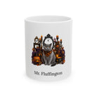Personalized British Shorthair cat Halloween mug, 11oz white ceramic, with custom pet name on front