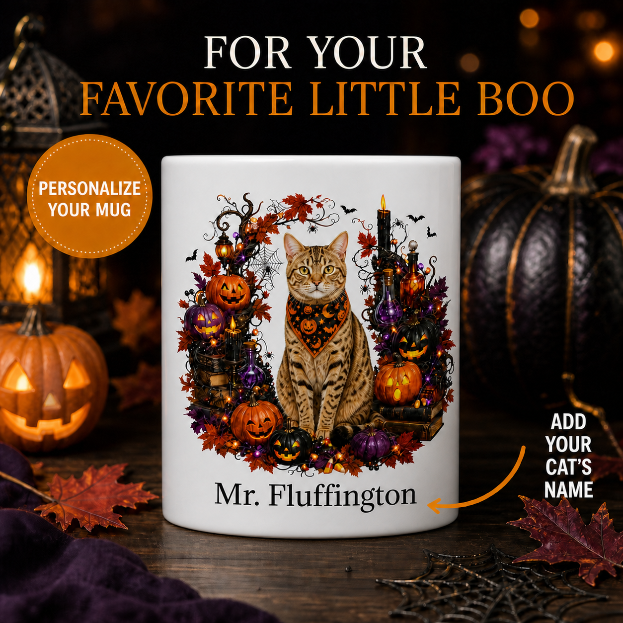 Personalized Ocicat Cat Halloween Mug – Custom Pet Name Gift – front view with no handle
