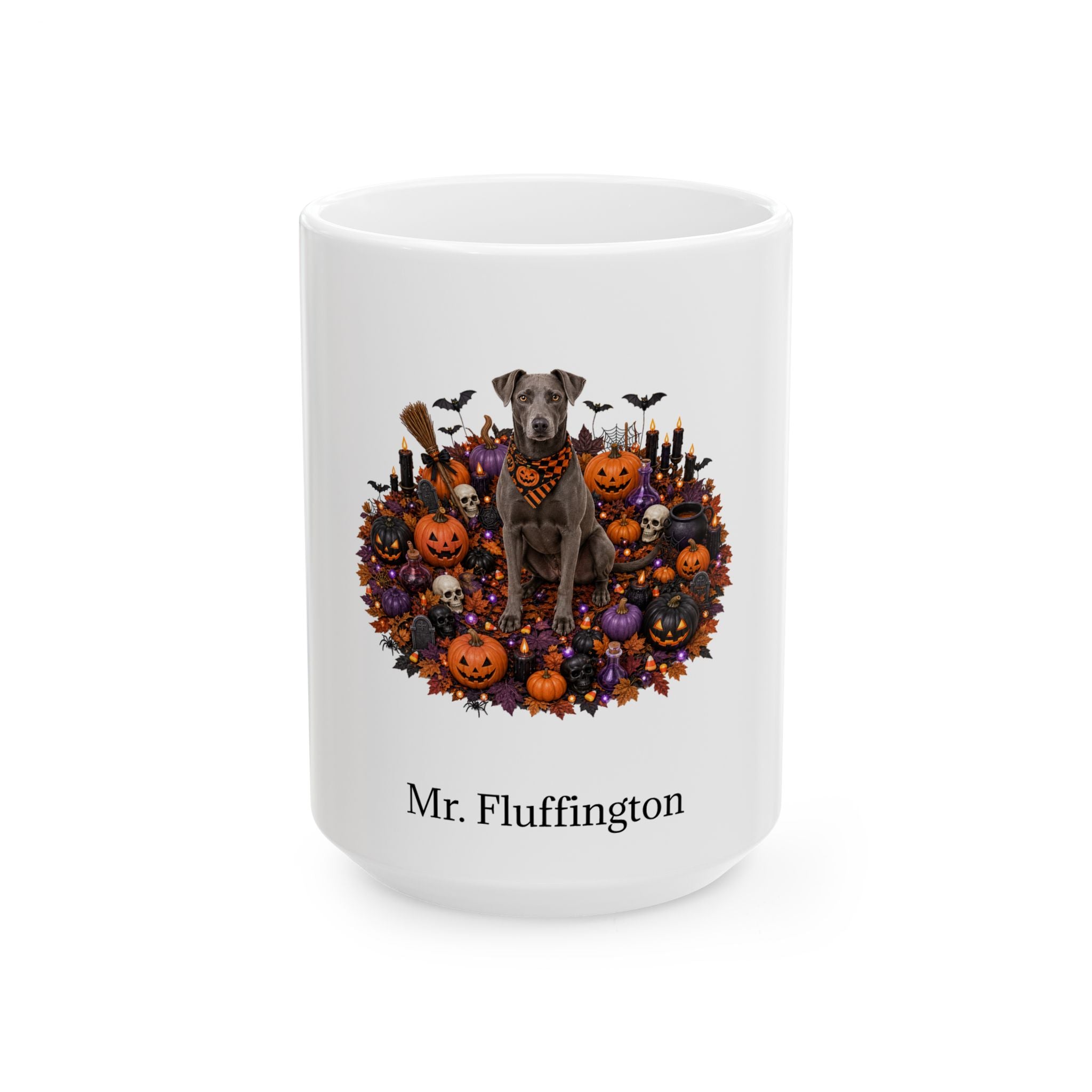 Personalized Blue Lacy dog Halloween mug, 11oz white ceramic, with custom pet name on front