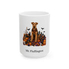 Personalized Airedale Terrier dog Halloween mug, 11oz white ceramic, with custom pet name on front