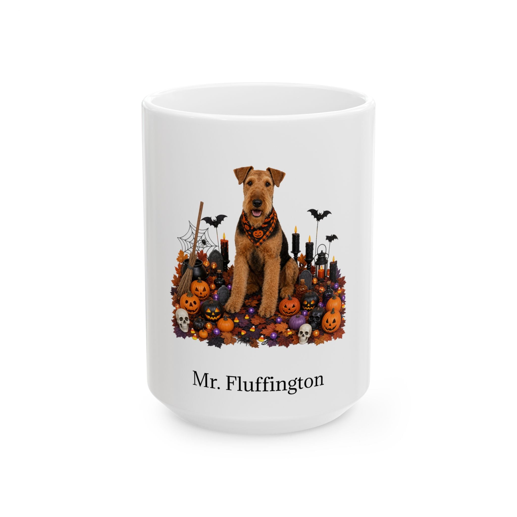 Personalized Airedale Terrier dog Halloween mug, 11oz white ceramic, with custom pet name on front