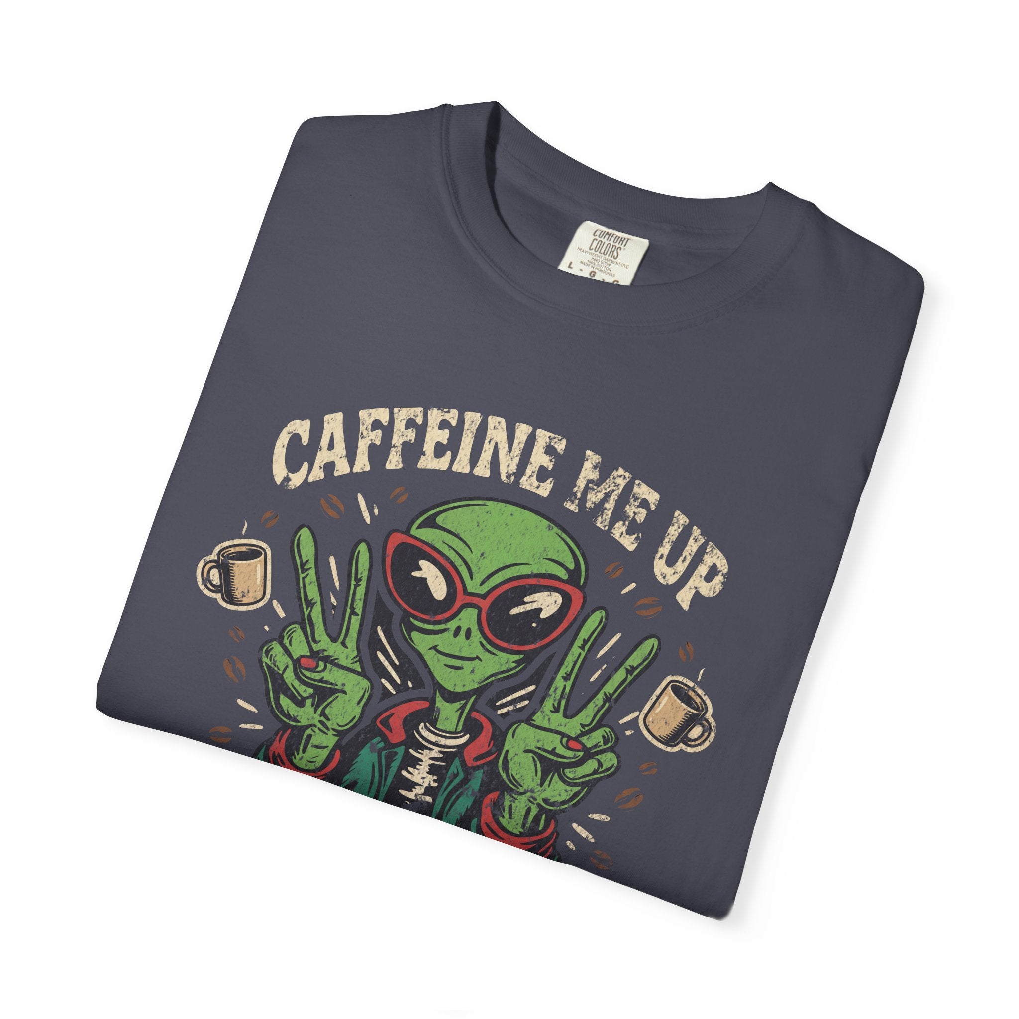 Dark grey unisex t-shirt featuring a distressed graphic of an alien wearing sunglasses.