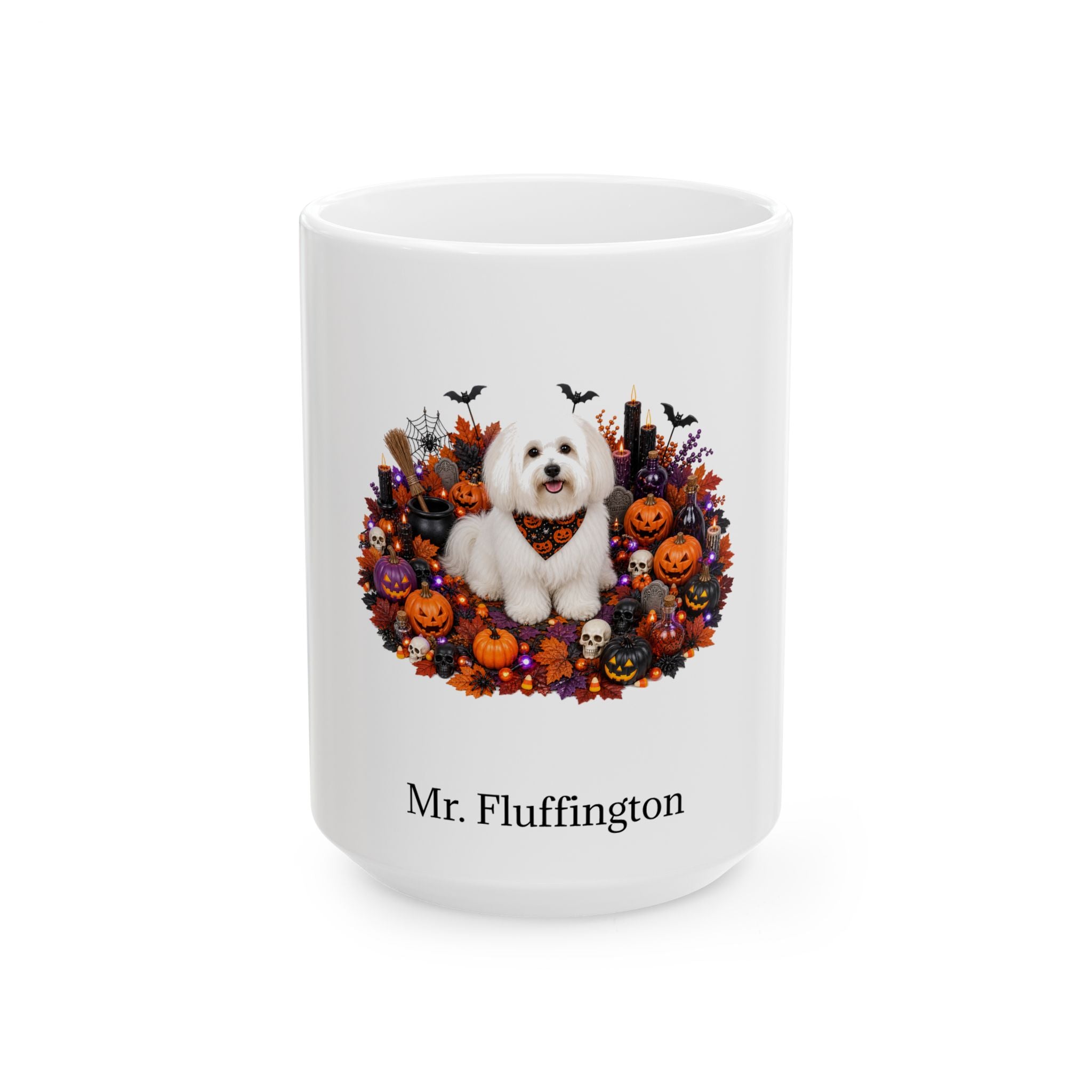 Personalized Coton De Tulear dog Halloween mug, 11oz white ceramic, with custom pet name on front