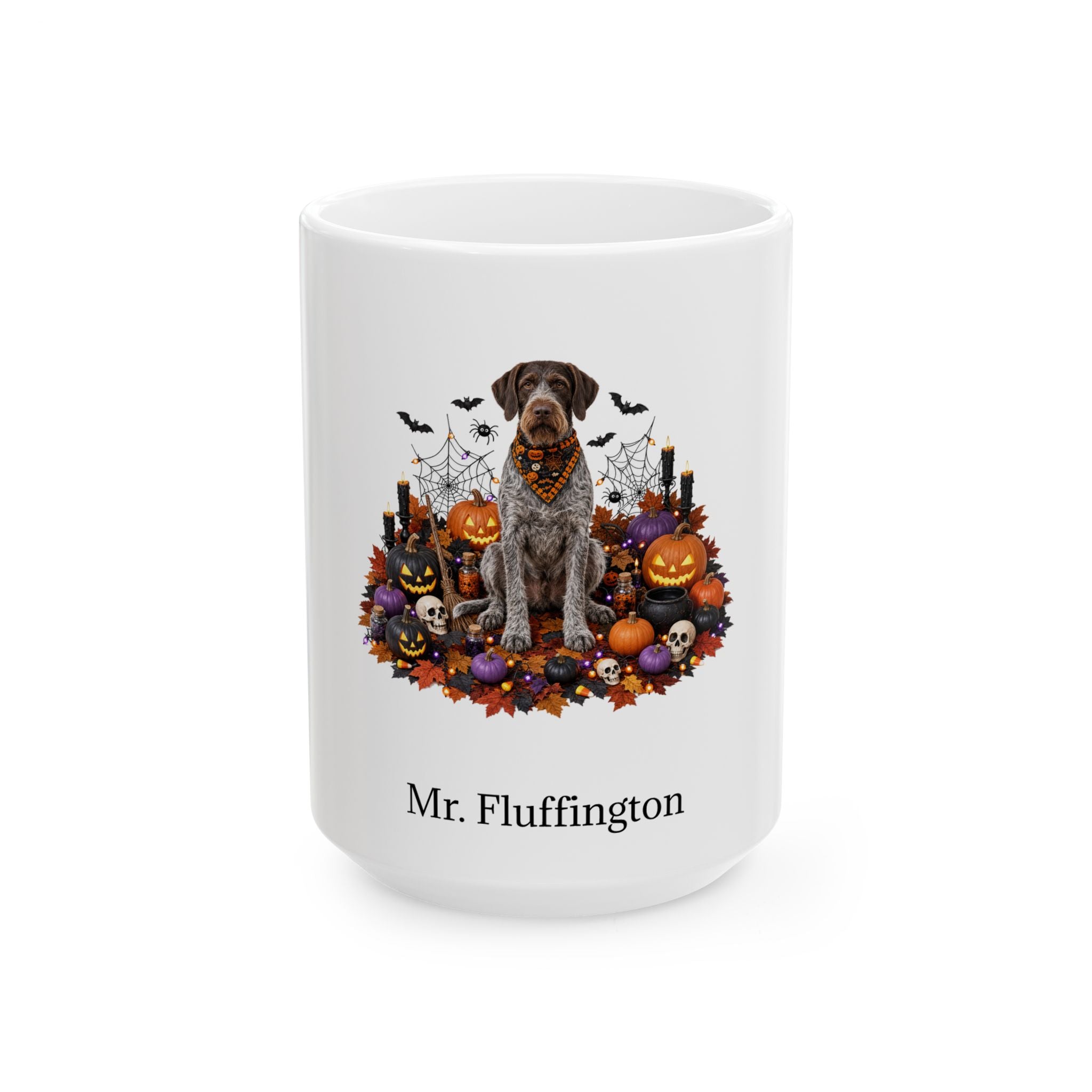 Personalized German Wirehaired Pointer dog Halloween mug, 11oz white ceramic, with custom pet name on front