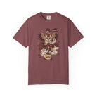 A maroon unisex cotton t-shirt featuring a distressed graphic of a rooster pouring coffee.