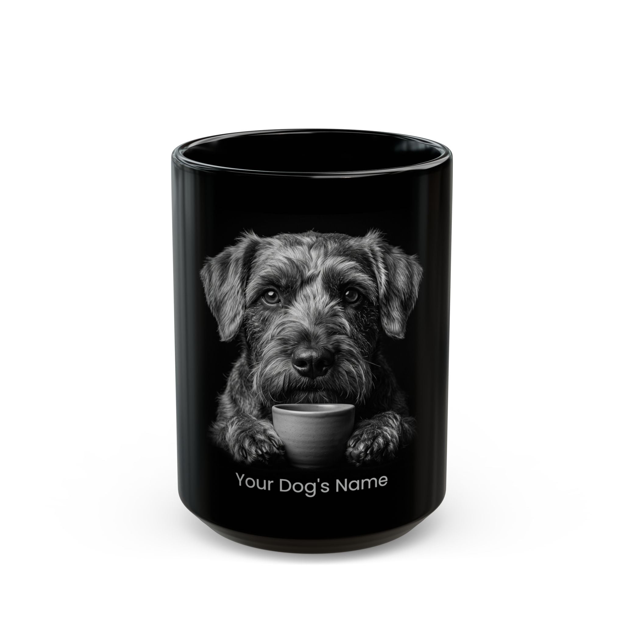 Personalized Cesky Terrier black ceramic coffee mug with custom dog name