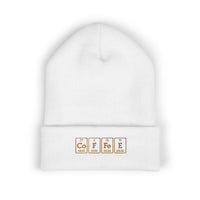 White cuffed beanie with "COFFEE" spelled out using periodic table elements.